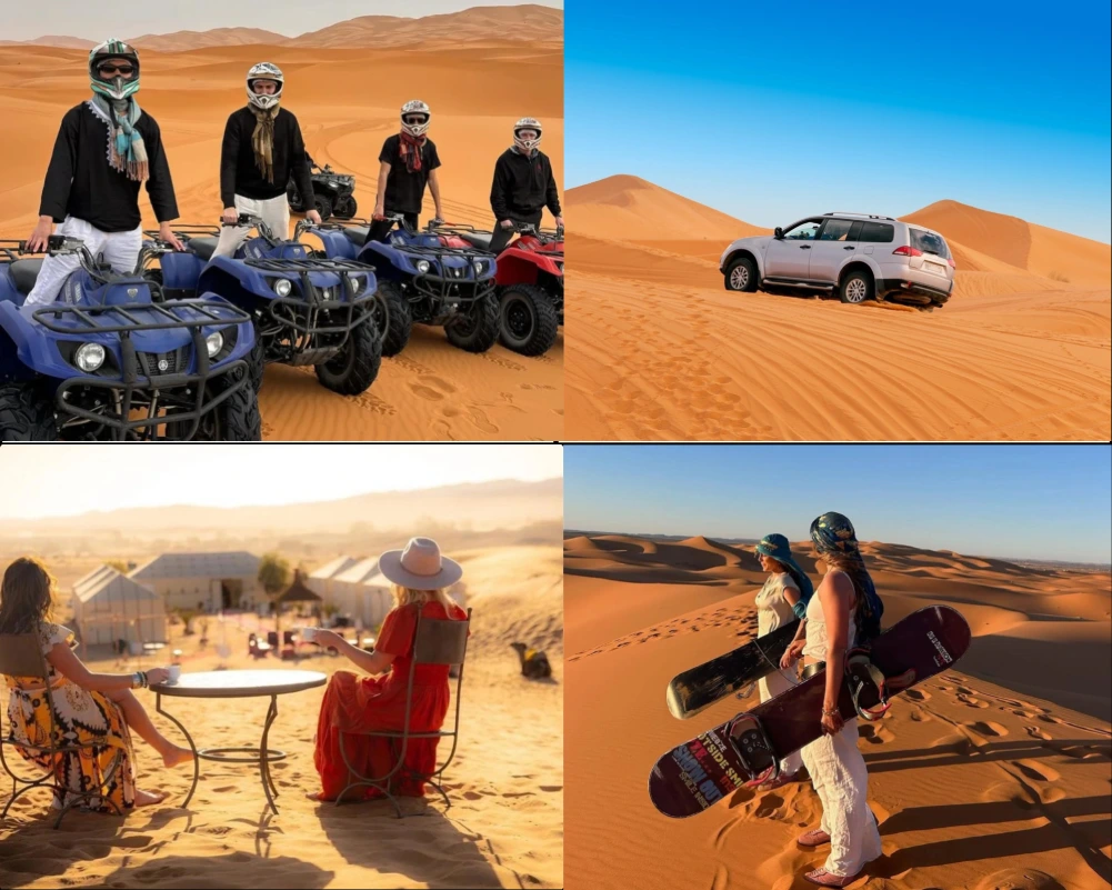 Merzouga Activities 1 Collage of various Merzouga desert activities including camel riding, quad biking, and stargazing