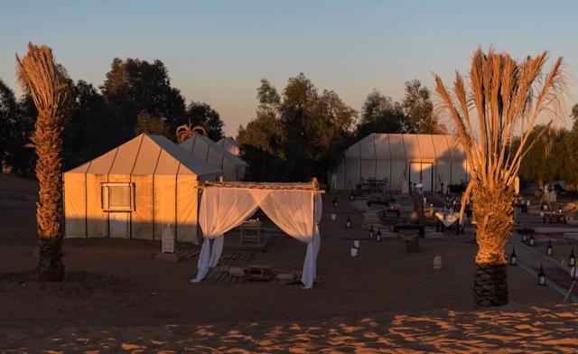 Luxury desert camp in Merzouga with traditional tents - accommodation during 5 days tour from Tangier