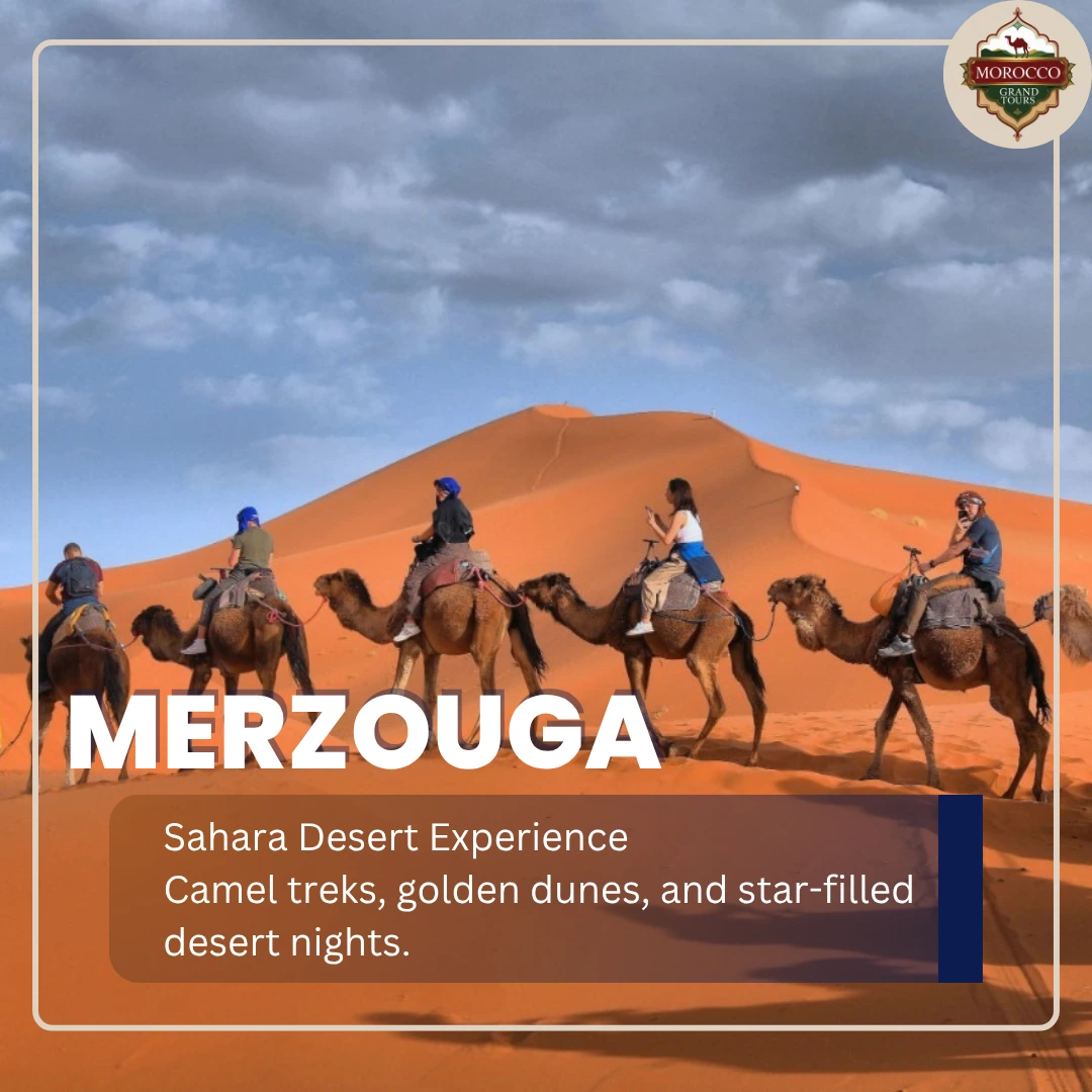 Merzouga Sahara Desert golden sand dunes One of the directions in our Moroccan tours.