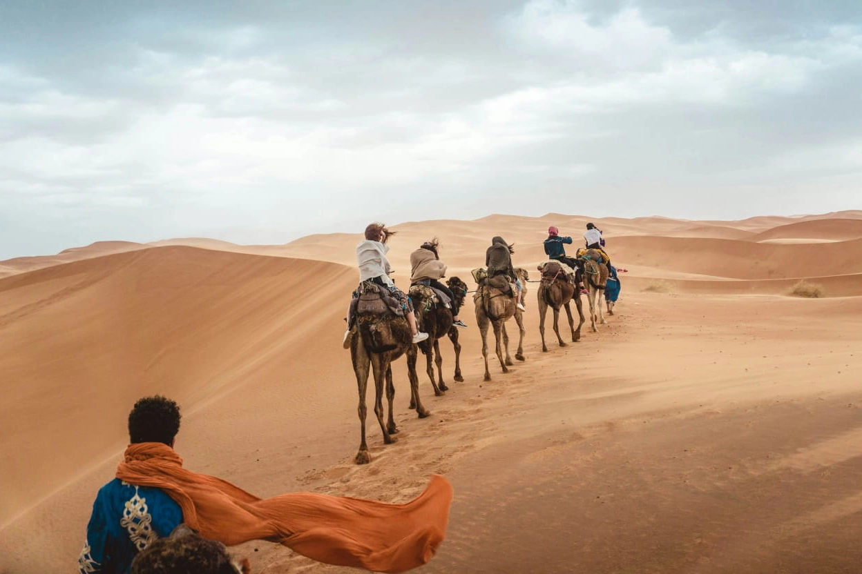 Dromedary trek during a 5 days tour from Marrakech to Merzouga Sahara.